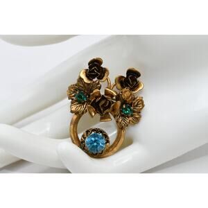 Vintage Austria Brooch Gold Tone Green Blue Austrian Crystals Floral